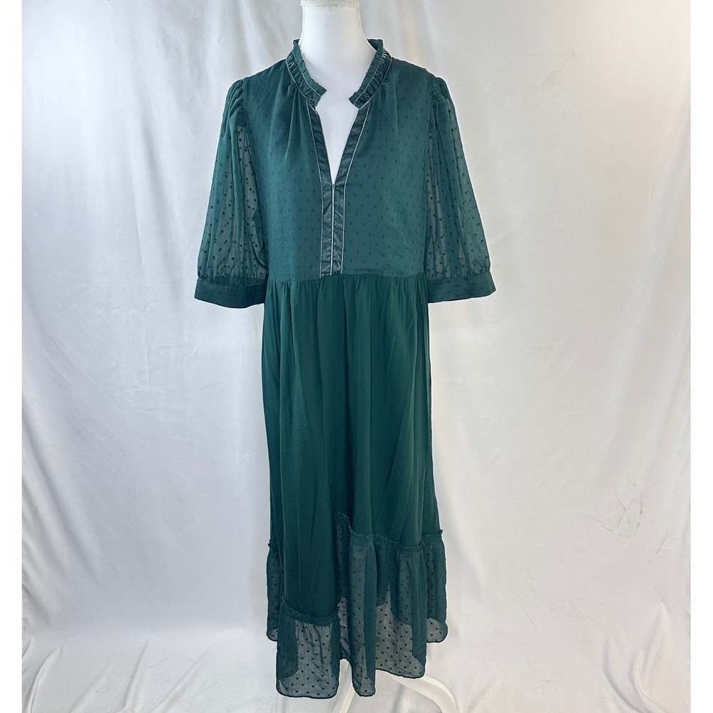 Matilda Jane XS Midi Dress Green Clip Dot Velvet Trim Whimsical Cottagecore NWT